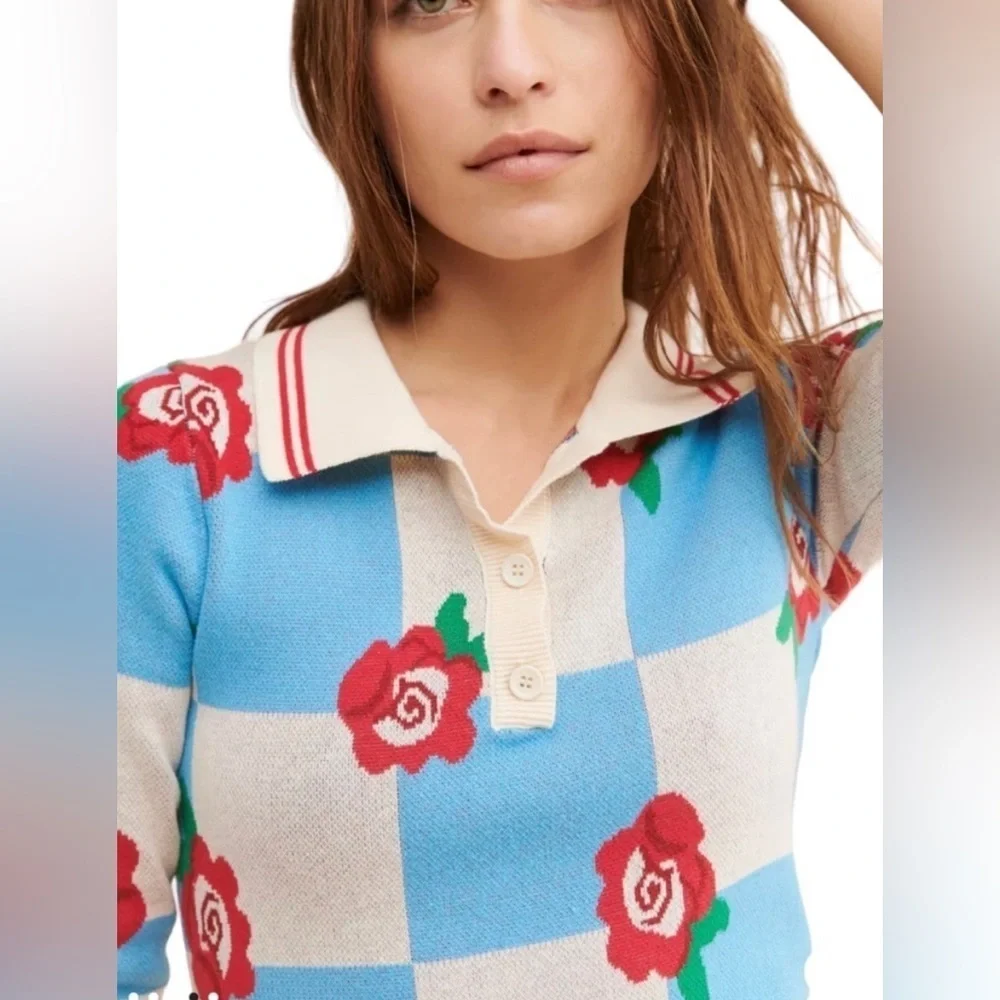 NWT Glamorous For Free People Checkerboard Roses Collared Knit Mini Dress